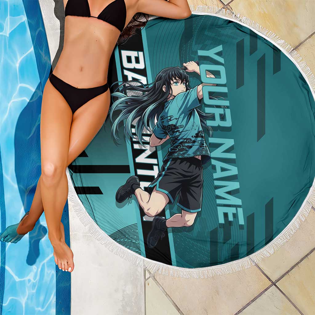 Personalized Tokito Muichiro Demon Slayer Badminton Beach Blanket with Racket Action Pose and Teal Black Graphic Design - The Mazicc
