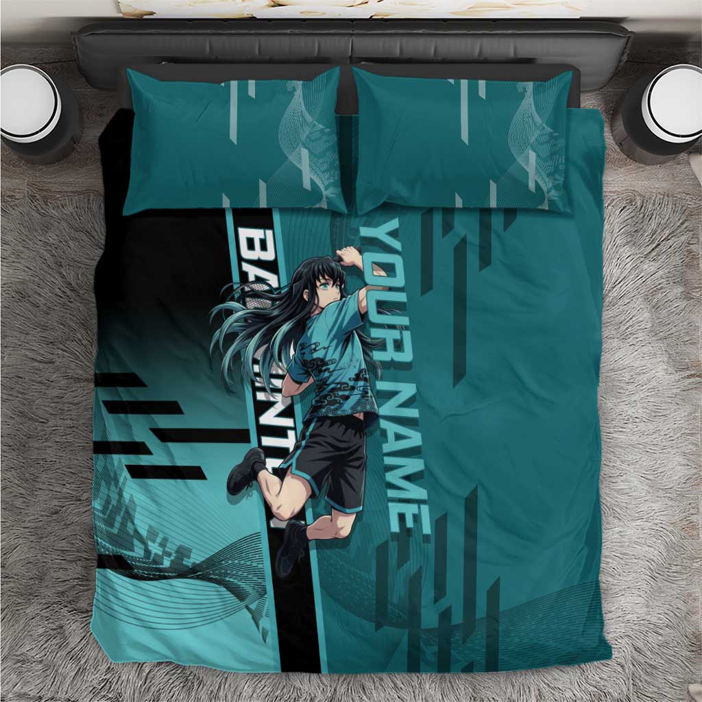 Personalized Tokito Muichiro Demon Slayer Badminton Bedding Set with Racket Action Pose and Teal Black Graphic Design - The Mazicc