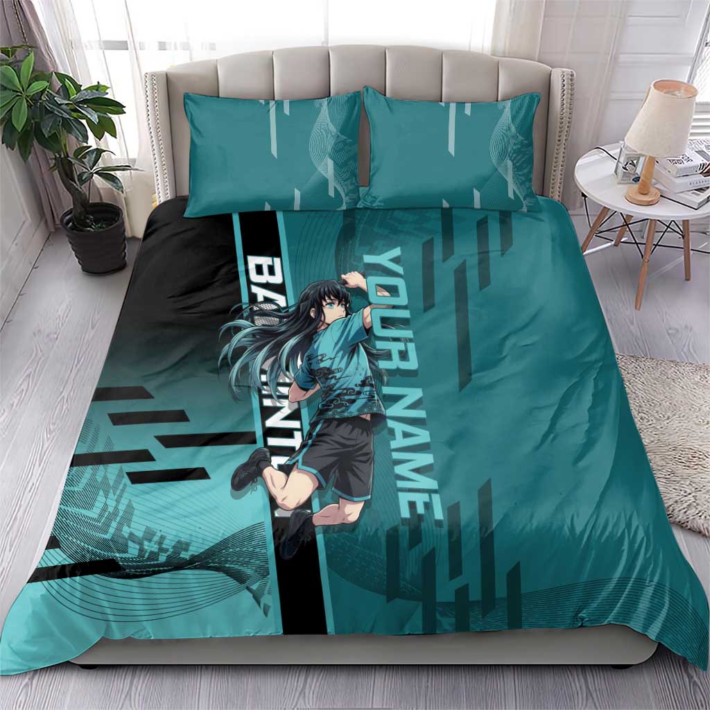 Personalized Tokito Muichiro Demon Slayer Badminton Bedding Set with Racket Action Pose and Teal Black Graphic Design - The Mazicc