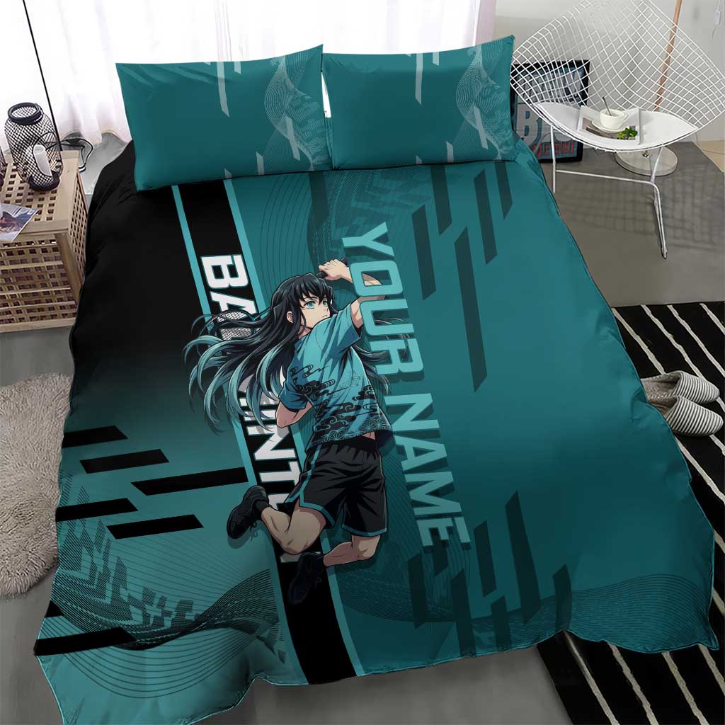 Personalized Tokito Muichiro Demon Slayer Badminton Bedding Set with Racket Action Pose and Teal Black Graphic Design - The Mazicc