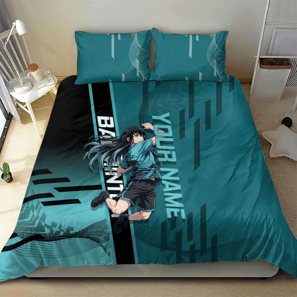 Personalized Tokito Muichiro Demon Slayer Badminton Bedding Set with Racket Action Pose and Teal Black Graphic Design - The Mazicc