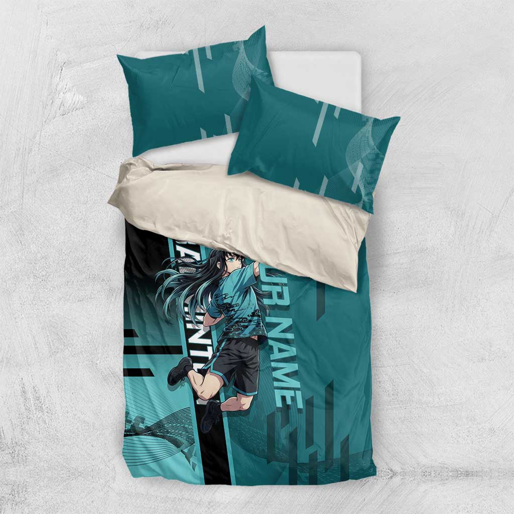 Personalized Tokito Muichiro Demon Slayer Badminton Bedding Set with Racket Action Pose and Teal Black Graphic Design - The Mazicc