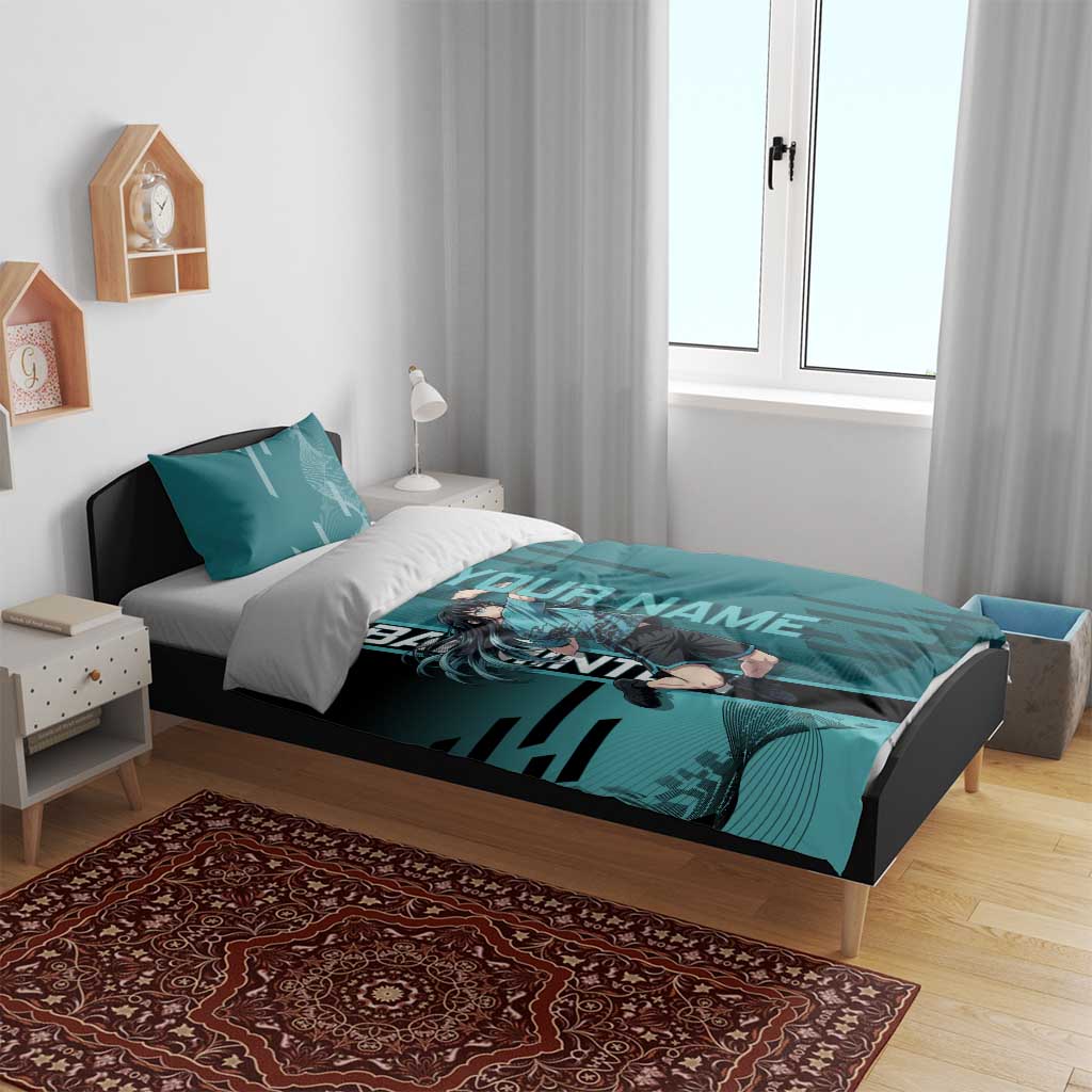 Personalized Tokito Muichiro Demon Slayer Badminton Bedding Set with Racket Action Pose and Teal Black Graphic Design - The Mazicc