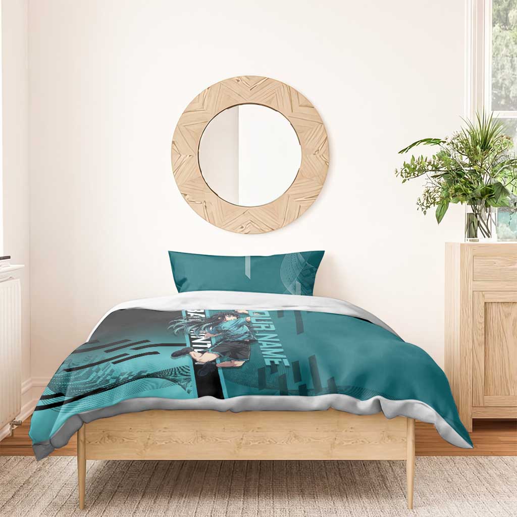 Personalized Tokito Muichiro Demon Slayer Badminton Bedding Set with Racket Action Pose and Teal Black Graphic Design - The Mazicc