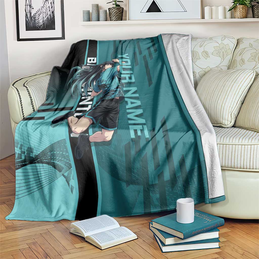 Personalized Tokito Muichiro Demon Slayer Badminton Blanket with Racket Action Pose and Teal Black Graphic Design - The Mazicc