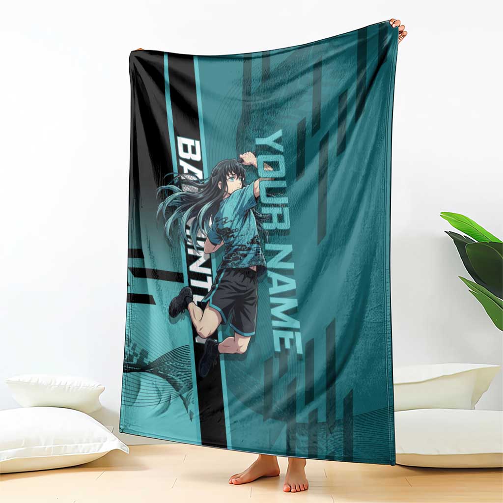 Personalized Tokito Muichiro Demon Slayer Badminton Blanket with Racket Action Pose and Teal Black Graphic Design - The Mazicc