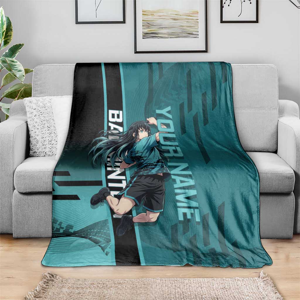 Personalized Tokito Muichiro Demon Slayer Badminton Blanket with Racket Action Pose and Teal Black Graphic Design - The Mazicc