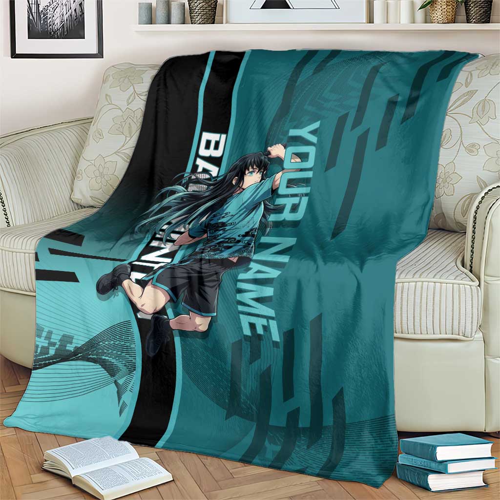 Personalized Tokito Muichiro Demon Slayer Badminton Blanket with Racket Action Pose and Teal Black Graphic Design - The Mazicc