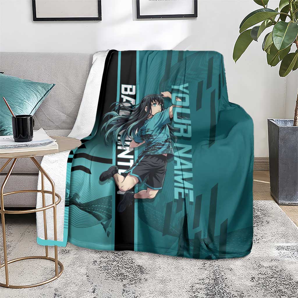 Personalized Tokito Muichiro Demon Slayer Badminton Blanket with Racket Action Pose and Teal Black Graphic Design - The Mazicc