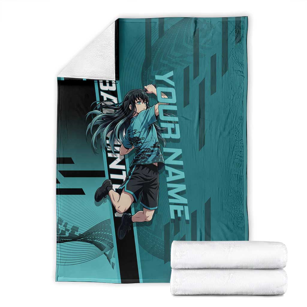 Personalized Tokito Muichiro Demon Slayer Badminton Blanket with Racket Action Pose and Teal Black Graphic Design - The Mazicc