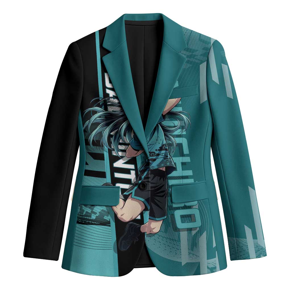 Personalized Tokito Muichiro Demon Slayer Badminton Blazer with Racket Action Pose and Teal Black Graphic Design - The Mazicc