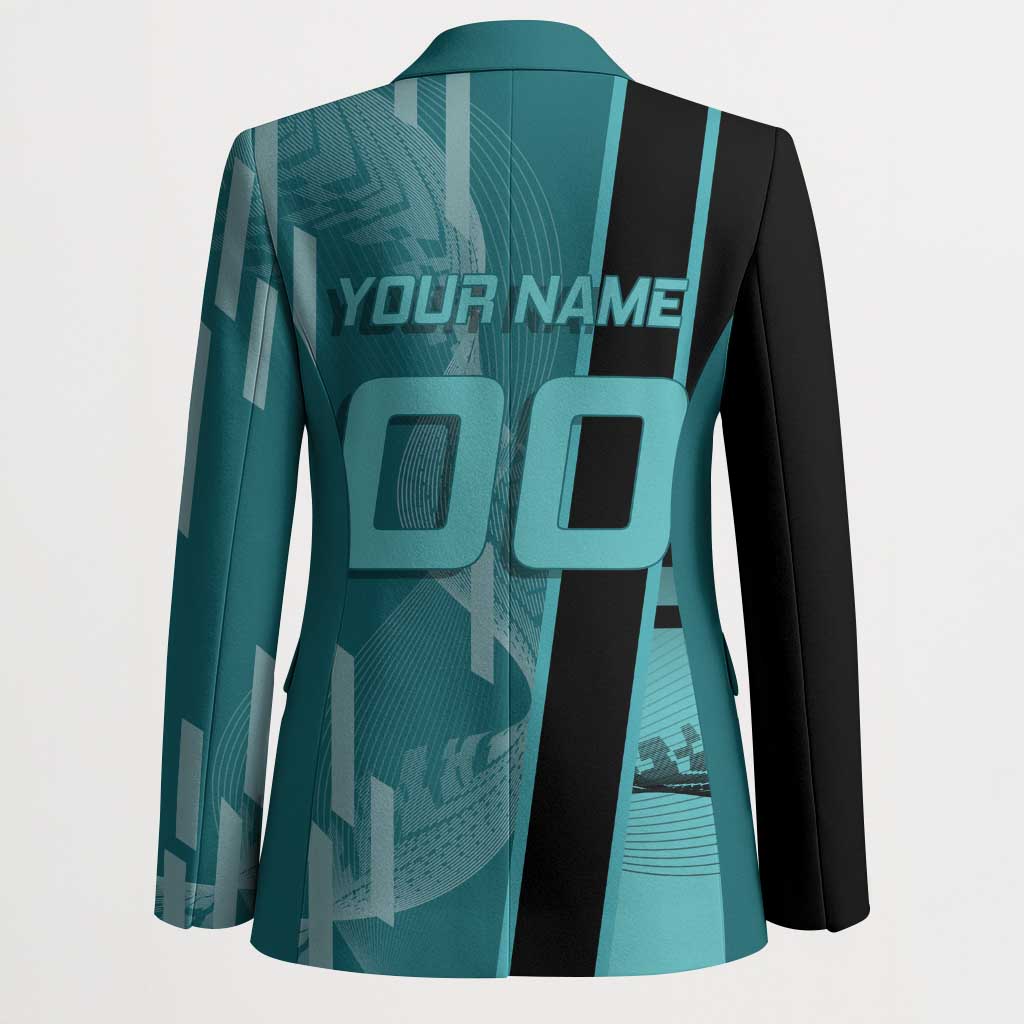 Personalized Tokito Muichiro Demon Slayer Badminton Blazer with Racket Action Pose and Teal Black Graphic Design - The Mazicc