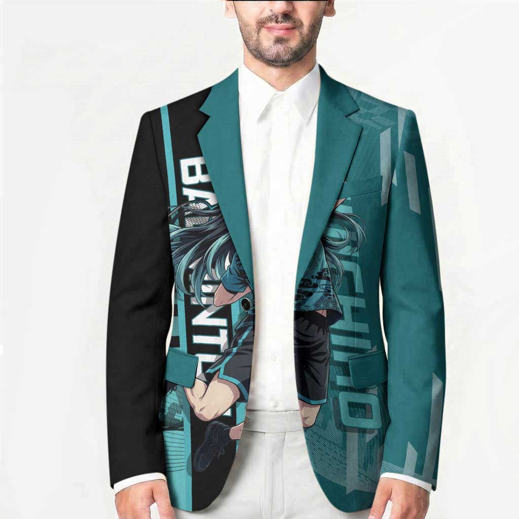 Personalized Tokito Muichiro Demon Slayer Badminton Blazer with Racket Action Pose and Teal Black Graphic Design - The Mazicc