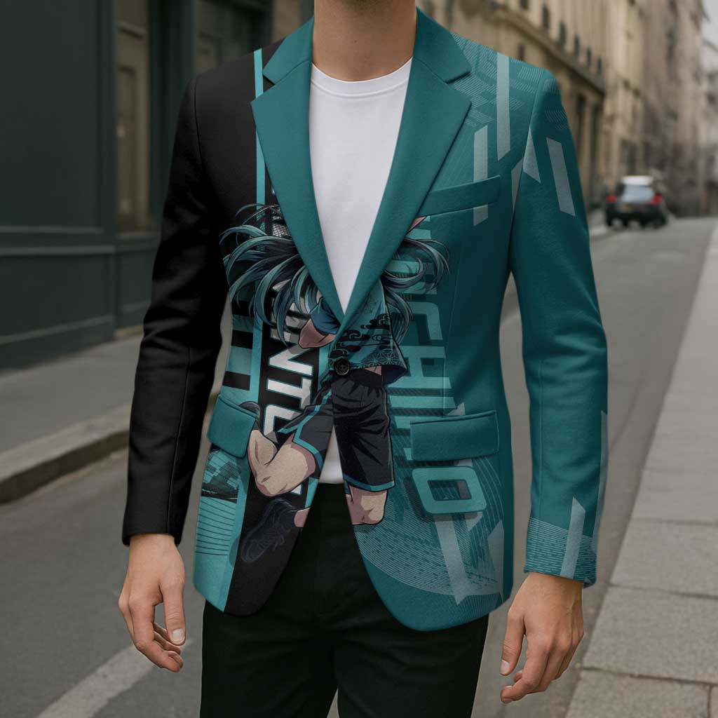 Personalized Tokito Muichiro Demon Slayer Badminton Blazer with Racket Action Pose and Teal Black Graphic Design - The Mazicc