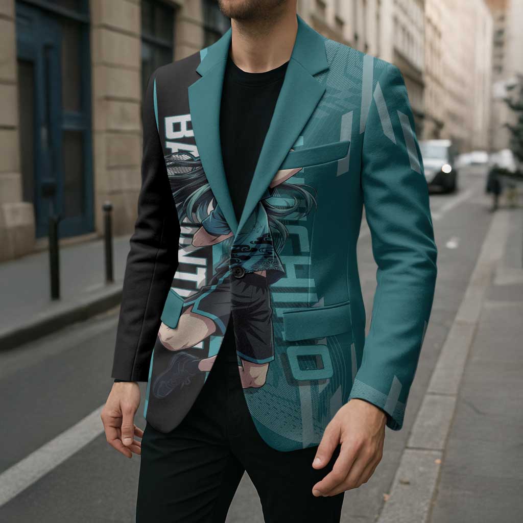 Personalized Tokito Muichiro Demon Slayer Badminton Blazer with Racket Action Pose and Teal Black Graphic Design - The Mazicc