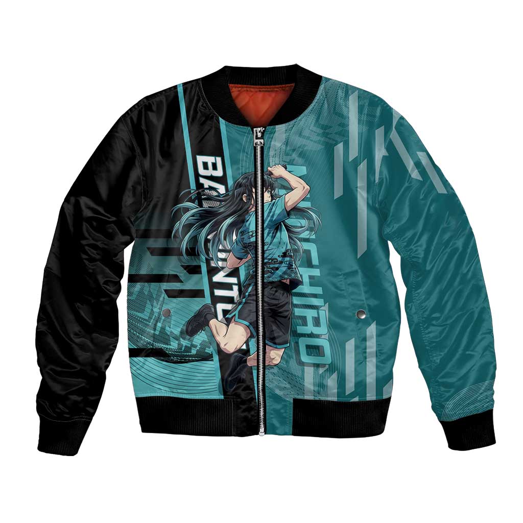 Personalized Tokito Muichiro Demon Slayer Badminton Bomber Jacket with Racket Action Pose and Teal Black Graphic Design - The Mazicc