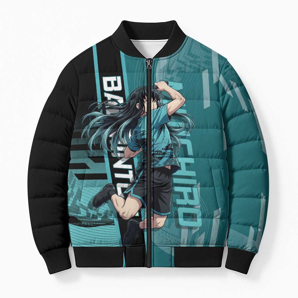 Personalized Tokito Muichiro Demon Slayer Badminton Bomber Puffer Jacket with Racket Action Pose and Teal Black Graphic Design - The Mazicc