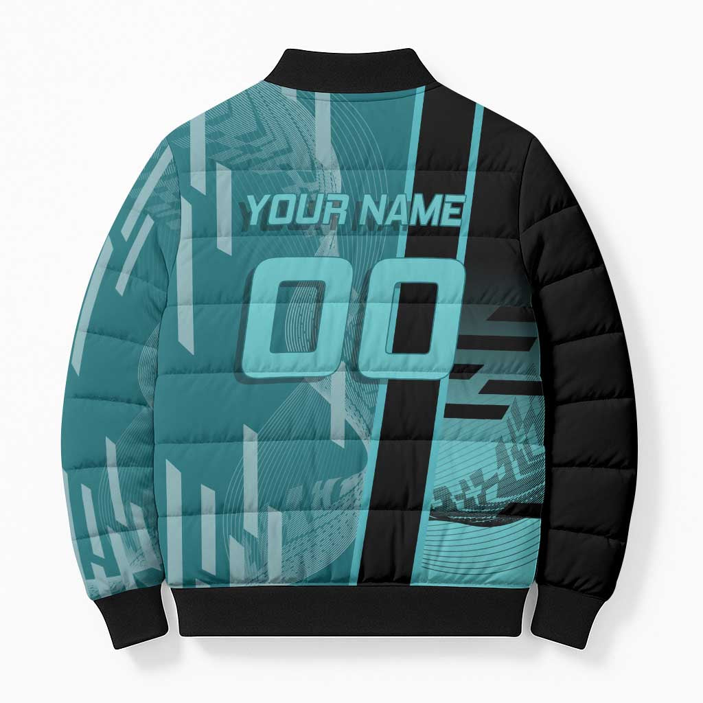 Personalized Tokito Muichiro Demon Slayer Badminton Bomber Puffer Jacket with Racket Action Pose and Teal Black Graphic Design - The Mazicc