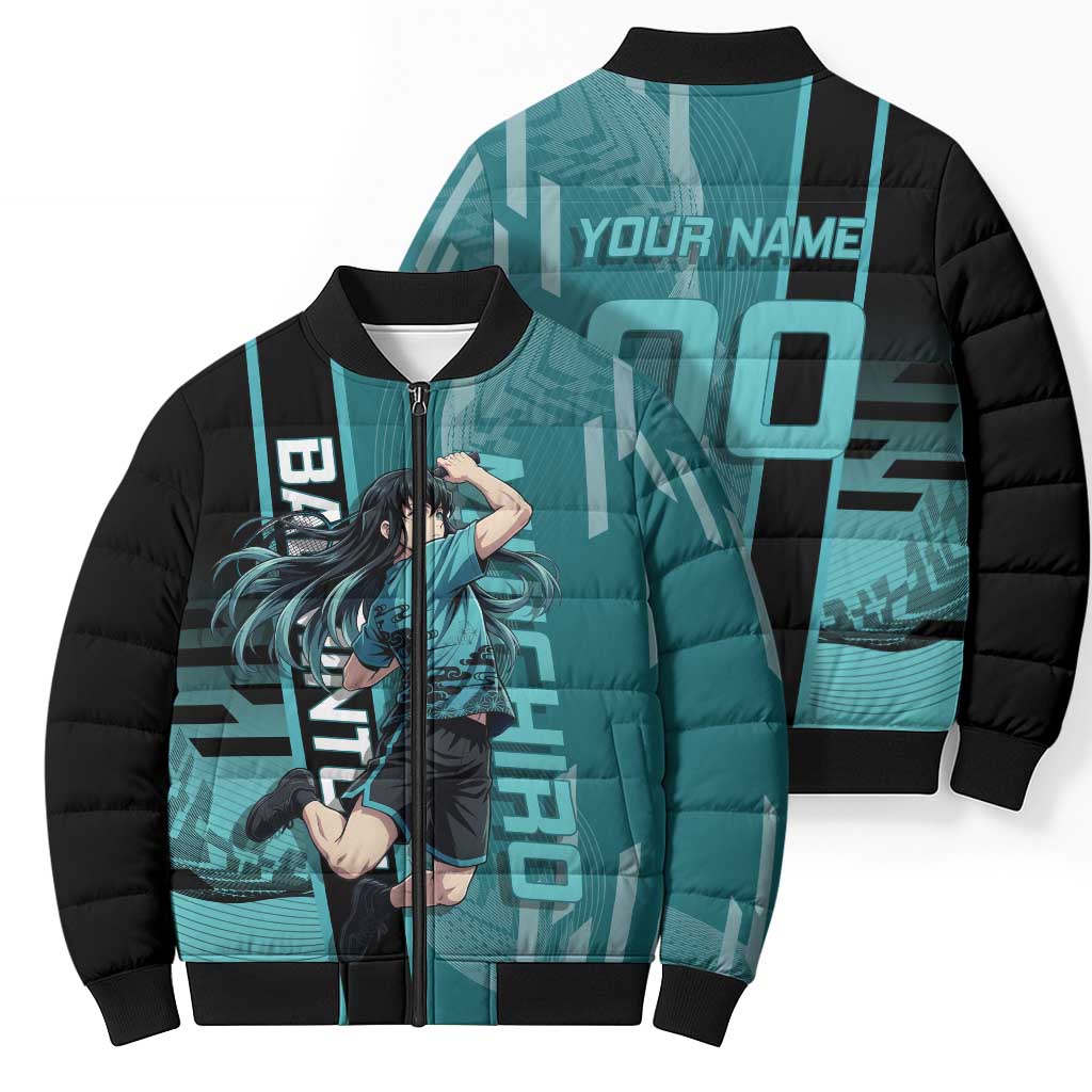 Personalized Tokito Muichiro Demon Slayer Badminton Bomber Puffer Jacket with Racket Action Pose and Teal Black Graphic Design - The Mazicc