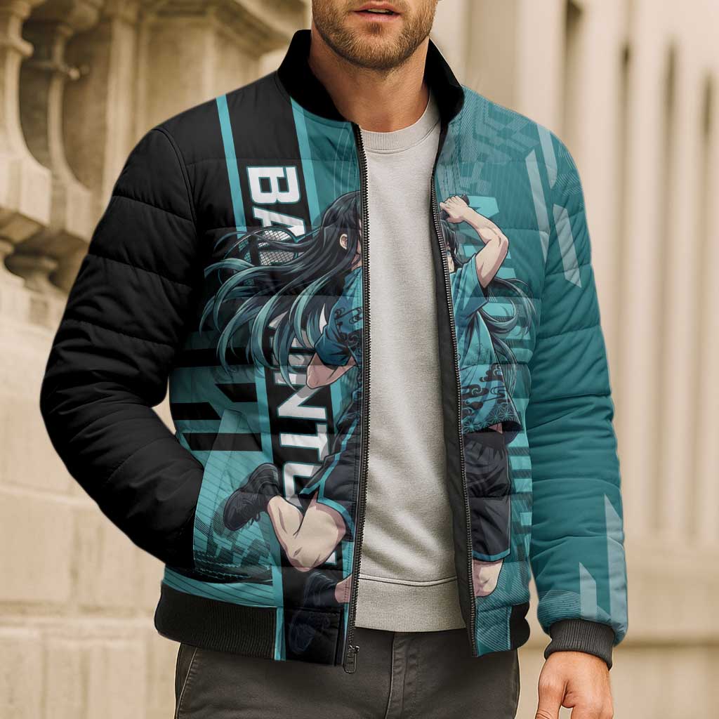 Personalized Tokito Muichiro Demon Slayer Badminton Bomber Puffer Jacket with Racket Action Pose and Teal Black Graphic Design - The Mazicc
