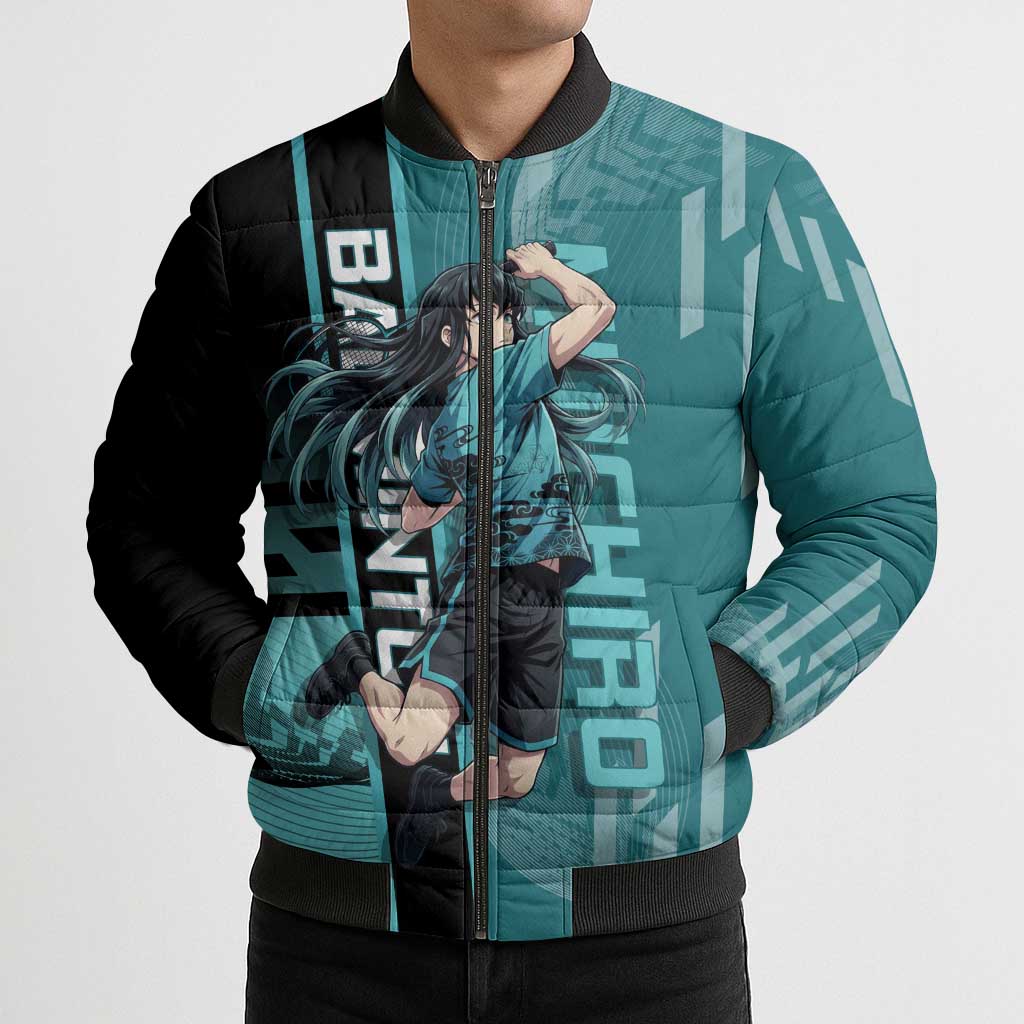 Personalized Tokito Muichiro Demon Slayer Badminton Bomber Puffer Jacket with Racket Action Pose and Teal Black Graphic Design - The Mazicc