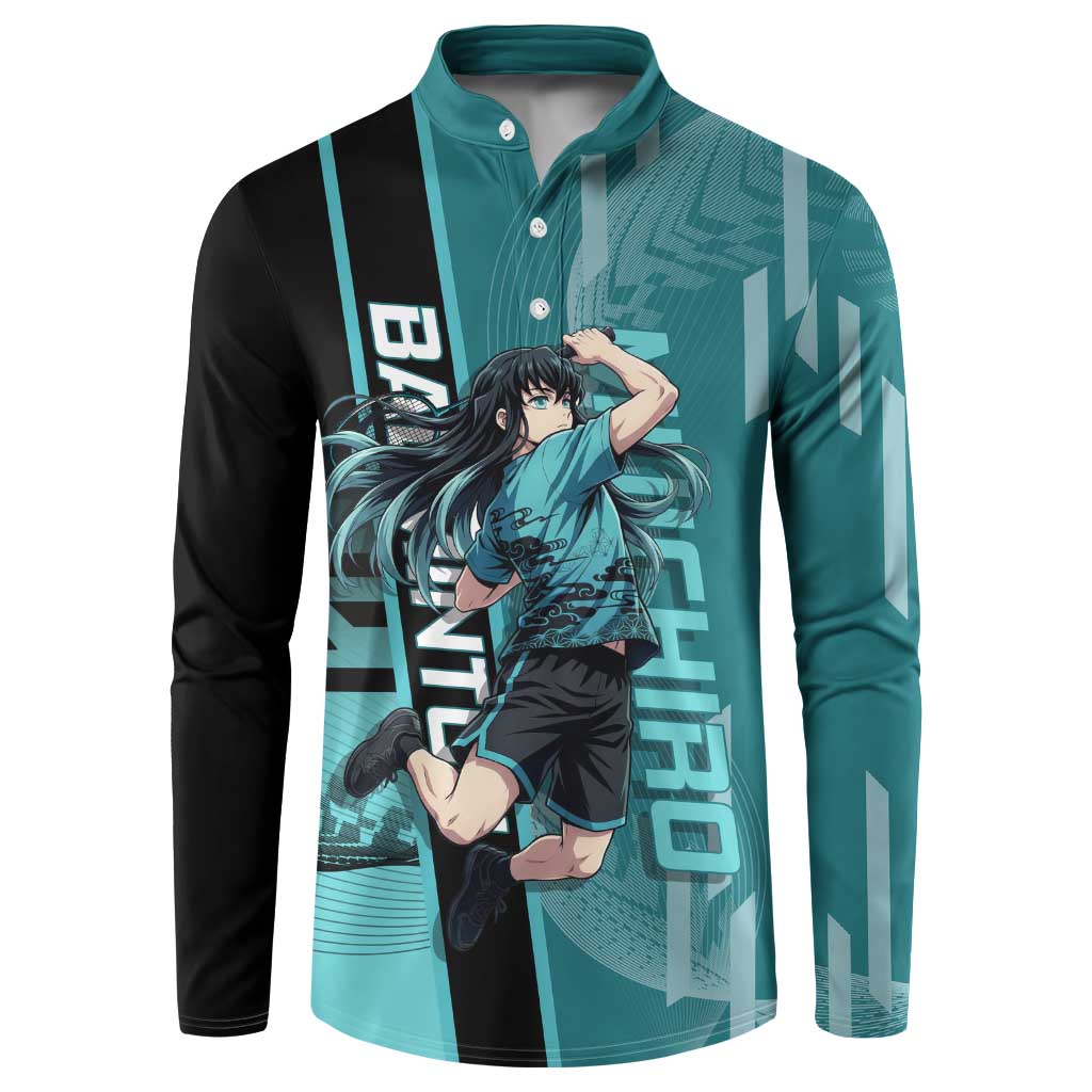 Personalized Tokito Muichiro Demon Slayer Badminton Button Sweatshirt with Racket Action Pose and Teal Black Graphic Design - The Mazicc