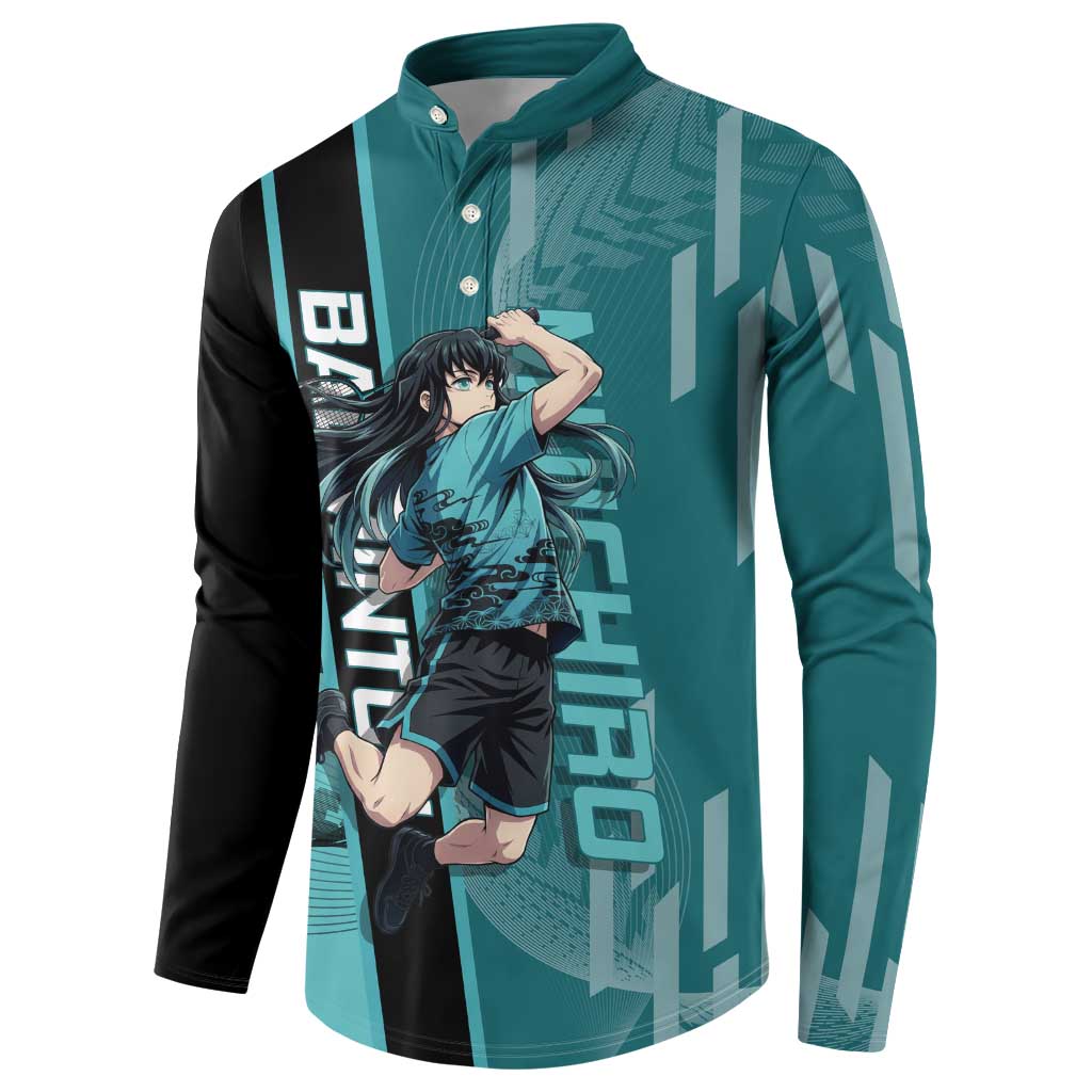 Personalized Tokito Muichiro Demon Slayer Badminton Button Sweatshirt with Racket Action Pose and Teal Black Graphic Design - The Mazicc