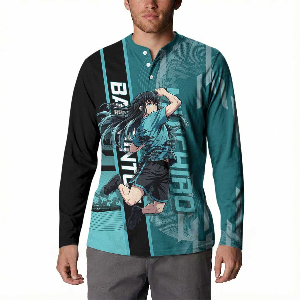 Personalized Tokito Muichiro Demon Slayer Badminton Button Sweatshirt with Racket Action Pose and Teal Black Graphic Design - The Mazicc