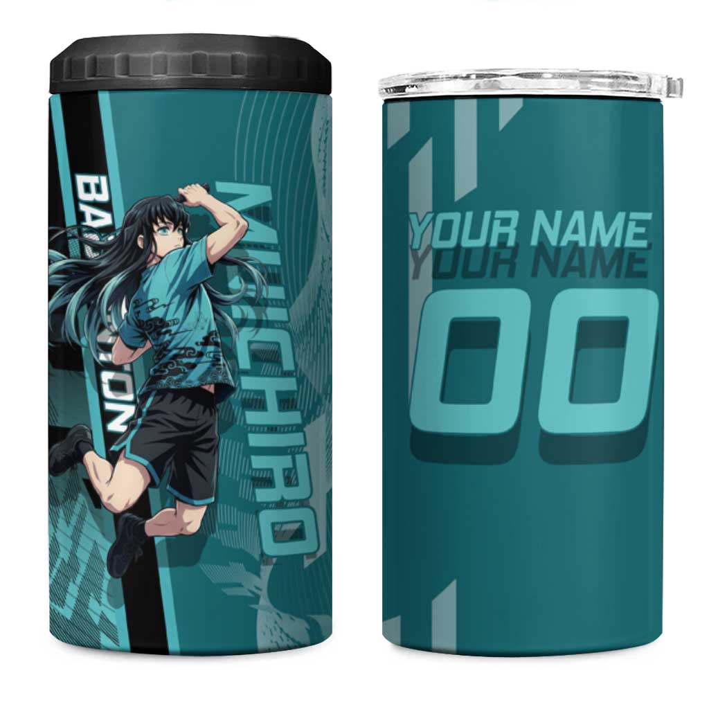 Personalized Tokito Muichiro Demon Slayer Badminton 4 in 1 Can Cooler Tumbler with Racket Action Pose and Teal Black Graphic Design - The Mazicc