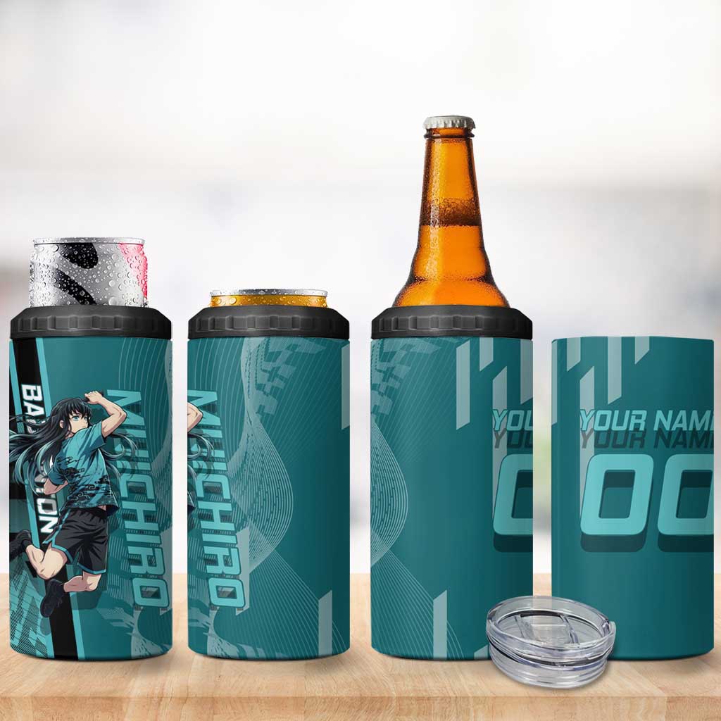 Personalized Tokito Muichiro Demon Slayer Badminton 4 in 1 Can Cooler Tumbler with Racket Action Pose and Teal Black Graphic Design - The Mazicc