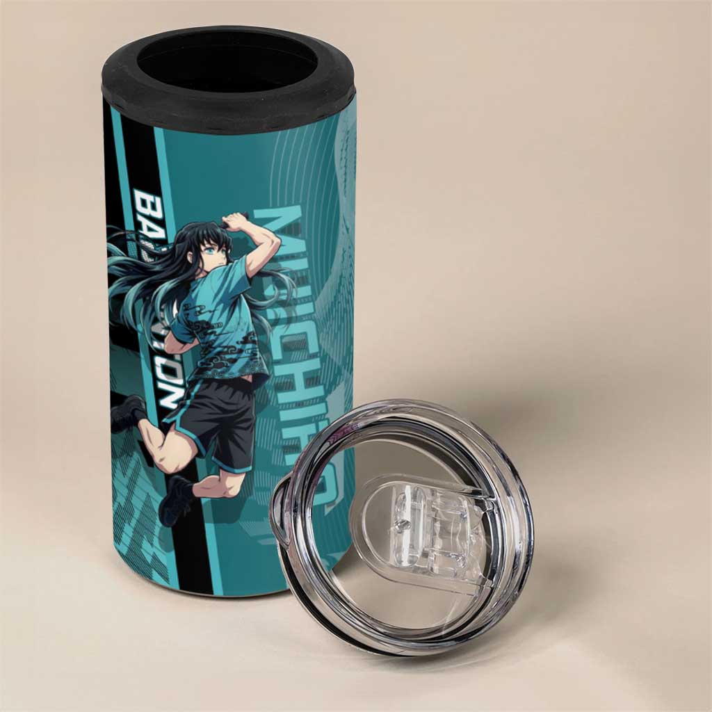 Personalized Tokito Muichiro Demon Slayer Badminton 4 in 1 Can Cooler Tumbler with Racket Action Pose and Teal Black Graphic Design - The Mazicc
