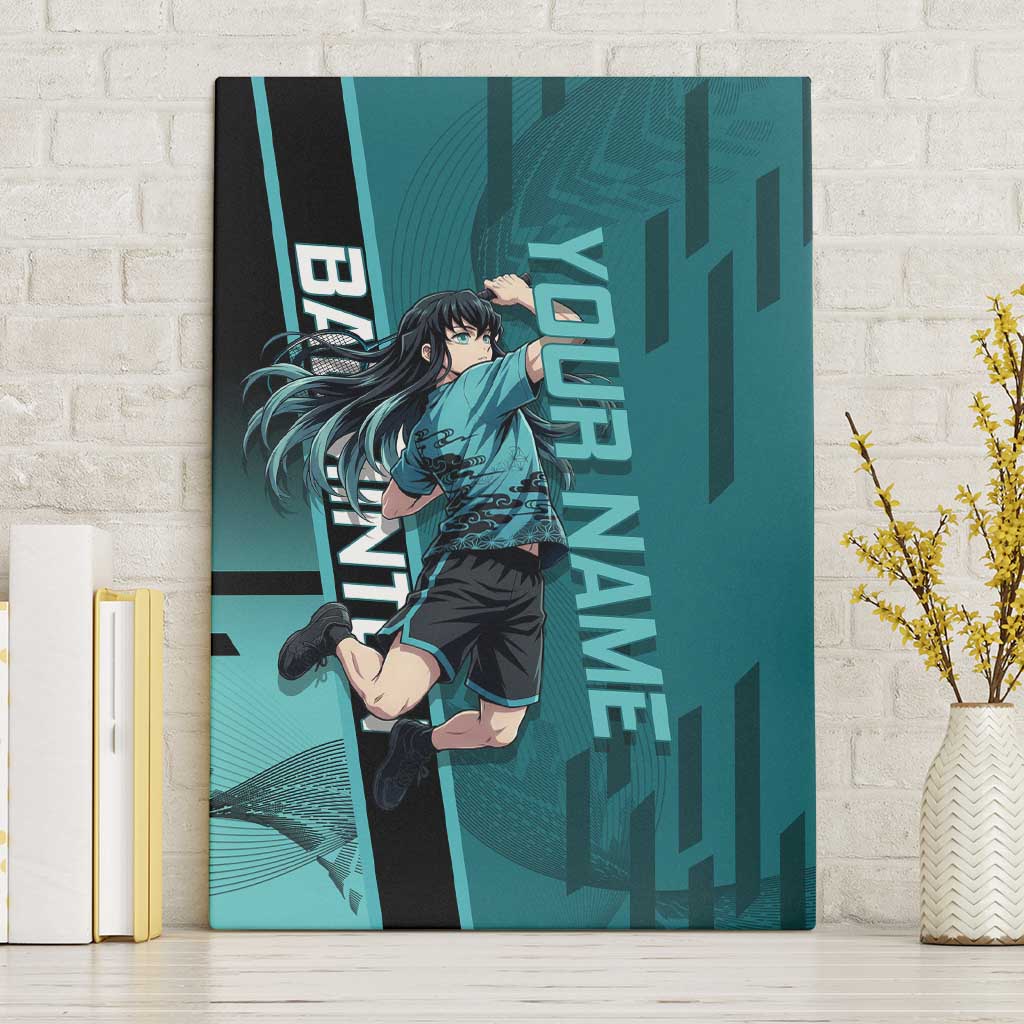 Personalized Tokito Muichiro Demon Slayer Badminton Canvas Wall Art with Racket Action Pose and Teal Black Graphic Design - The Mazicc