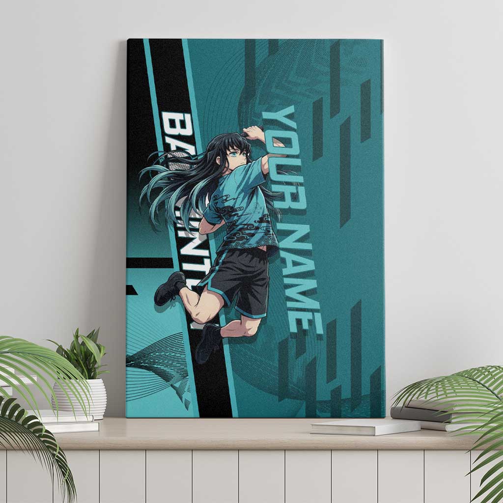 Personalized Tokito Muichiro Demon Slayer Badminton Canvas Wall Art with Racket Action Pose and Teal Black Graphic Design - The Mazicc