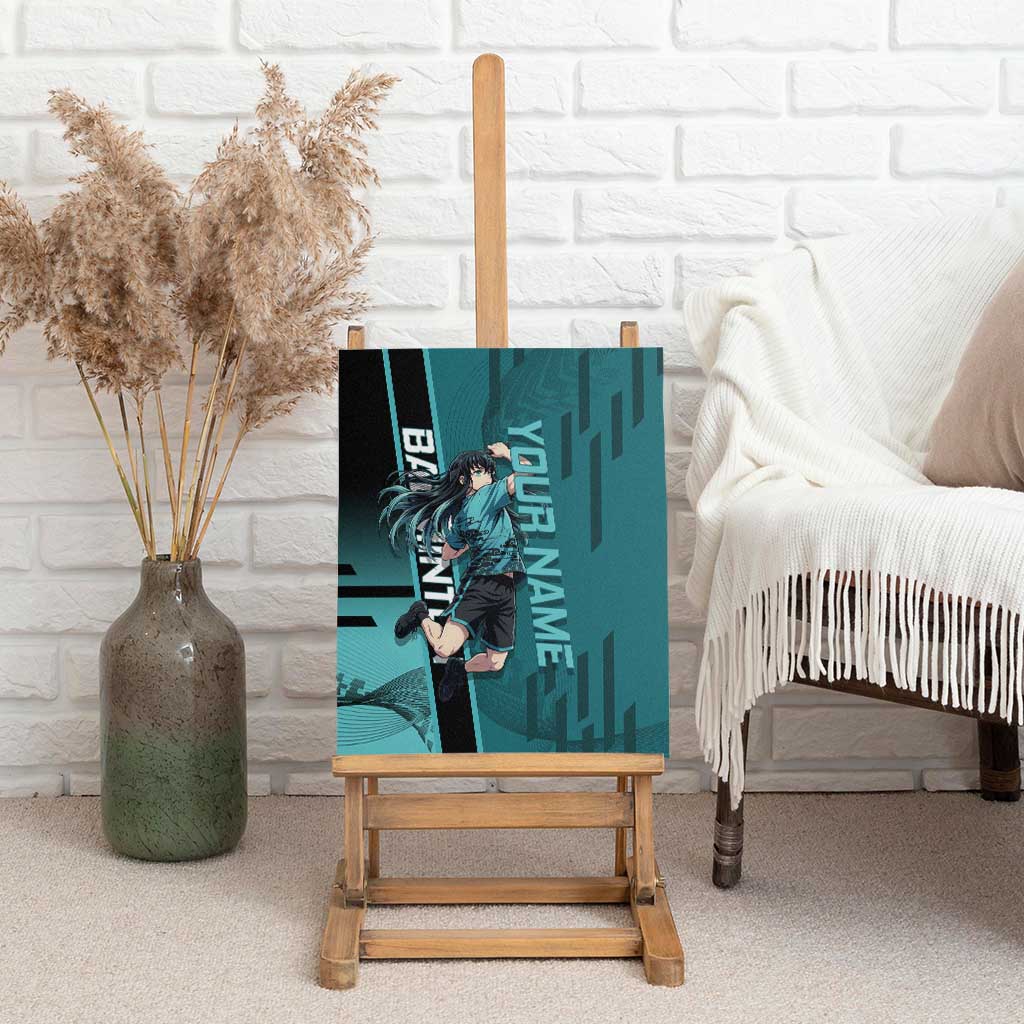Personalized Tokito Muichiro Demon Slayer Badminton Canvas Wall Art with Racket Action Pose and Teal Black Graphic Design - The Mazicc