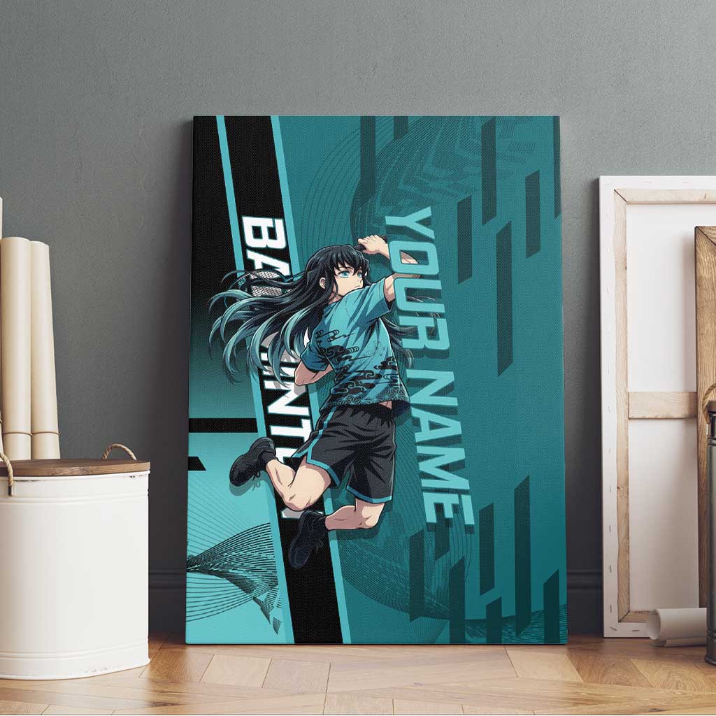 Personalized Tokito Muichiro Demon Slayer Badminton Canvas Wall Art with Racket Action Pose and Teal Black Graphic Design - The Mazicc