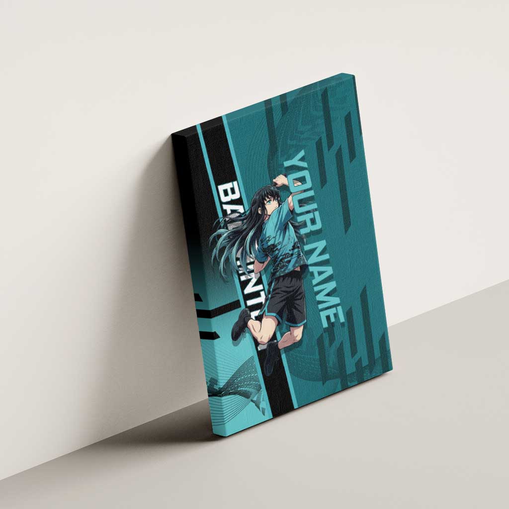 Personalized Tokito Muichiro Demon Slayer Badminton Canvas Wall Art with Racket Action Pose and Teal Black Graphic Design - The Mazicc
