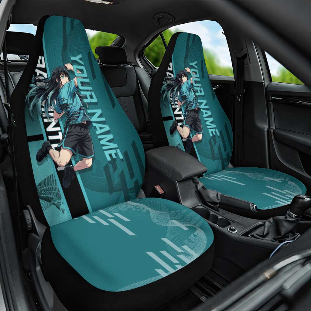Personalized Tokito Muichiro Demon Slayer Badminton Car Seat Cover with Racket Action Pose and Teal Black Graphic Design - The Mazicc