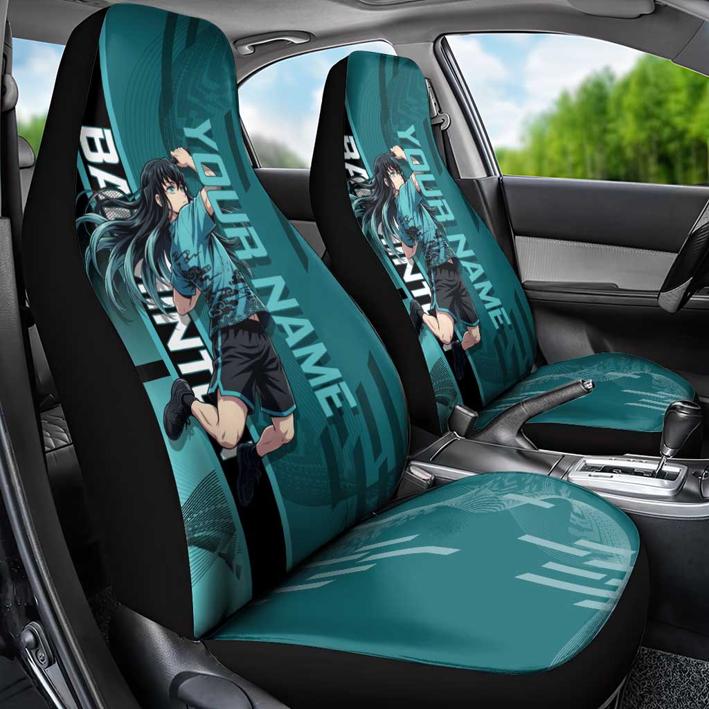 Personalized Tokito Muichiro Demon Slayer Badminton Car Seat Cover with Racket Action Pose and Teal Black Graphic Design - The Mazicc
