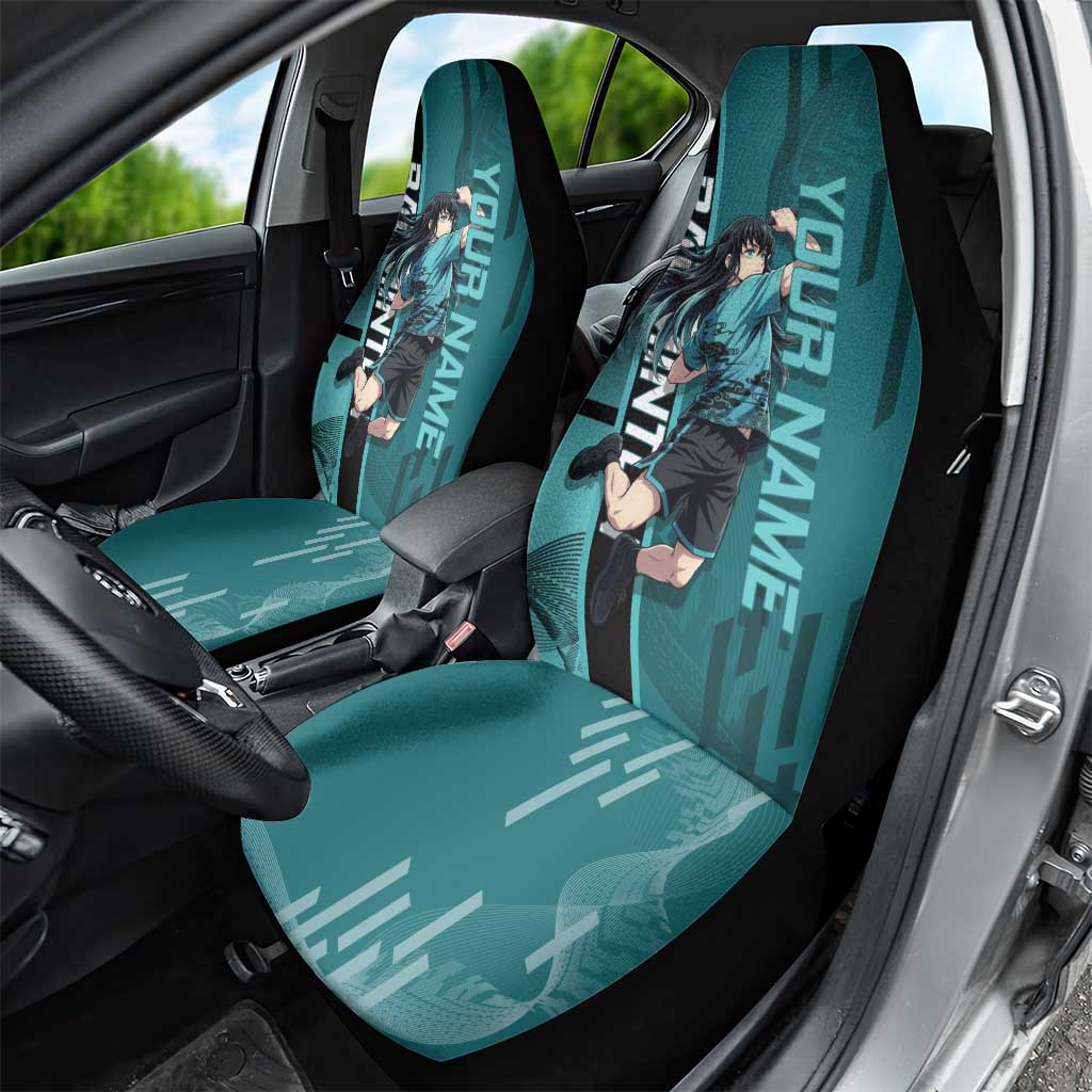 Personalized Tokito Muichiro Demon Slayer Badminton Car Seat Cover with Racket Action Pose and Teal Black Graphic Design - The Mazicc