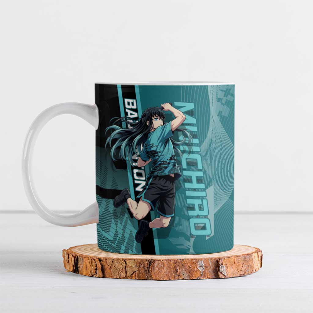 Personalized Tokito Muichiro Demon Slayer Badminton Ceramic Mug with Racket Action Pose and Teal Black Graphic Design - The Mazicc