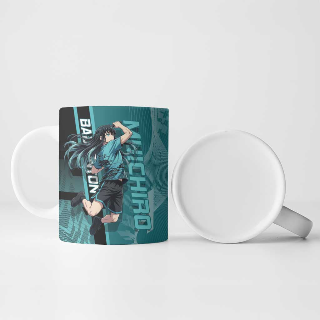 Personalized Tokito Muichiro Demon Slayer Badminton Ceramic Mug with Racket Action Pose and Teal Black Graphic Design - The Mazicc