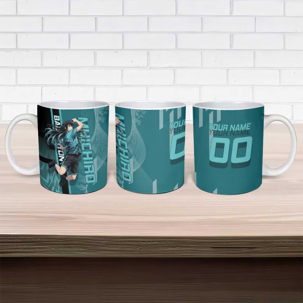 Personalized Tokito Muichiro Demon Slayer Badminton Ceramic Mug with Racket Action Pose and Teal Black Graphic Design - The Mazicc