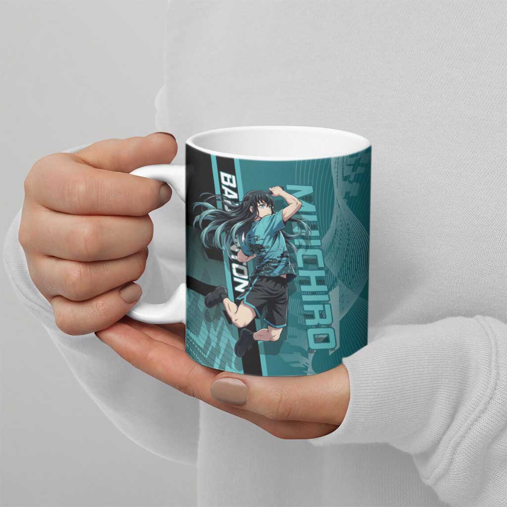 Personalized Tokito Muichiro Demon Slayer Badminton Ceramic Mug with Racket Action Pose and Teal Black Graphic Design - The Mazicc