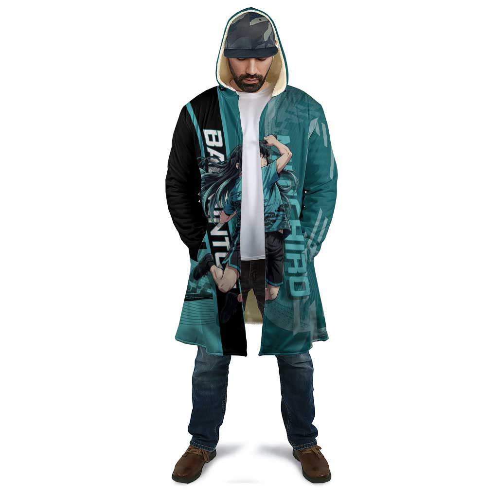 Personalized Tokito Muichiro Demon Slayer Badminton Cloak with Racket Action Pose and Teal Black Graphic Design - The Mazicc