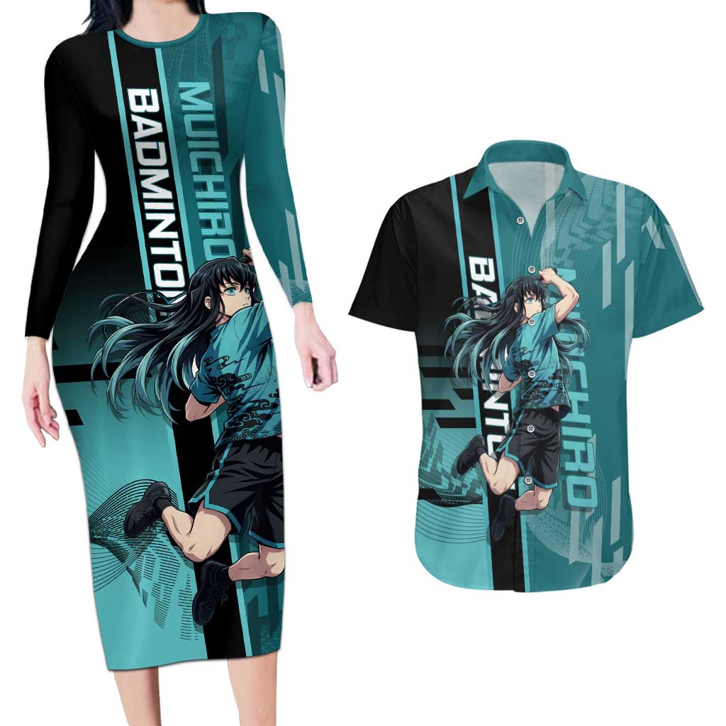 Personalized Tokito Muichiro Demon Slayer Badminton Couples Matching Long Sleeve Bodycon Dress and Hawaiian Shirt with Racket Action Pose and Teal Black Graphic Design - The Mazicc