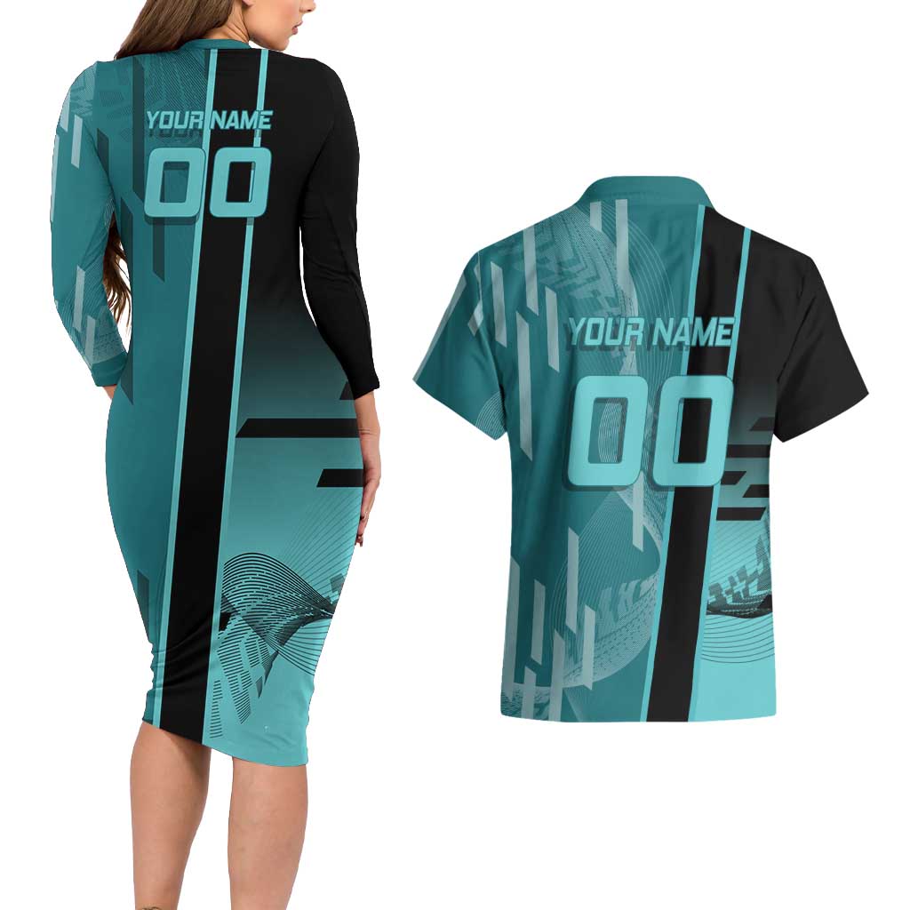 Personalized Tokito Muichiro Demon Slayer Badminton Couples Matching Long Sleeve Bodycon Dress and Hawaiian Shirt with Racket Action Pose and Teal Black Graphic Design - The Mazicc