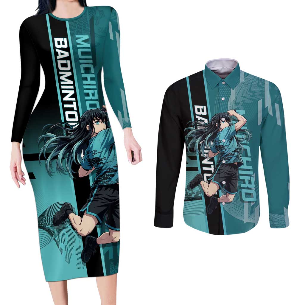 Personalized Tokito Muichiro Demon Slayer Badminton Couples Matching Long Sleeve Bodycon Dress and Long Sleeve Button Shirt with Racket Action Pose and Teal Black Graphic Design - The Mazicc