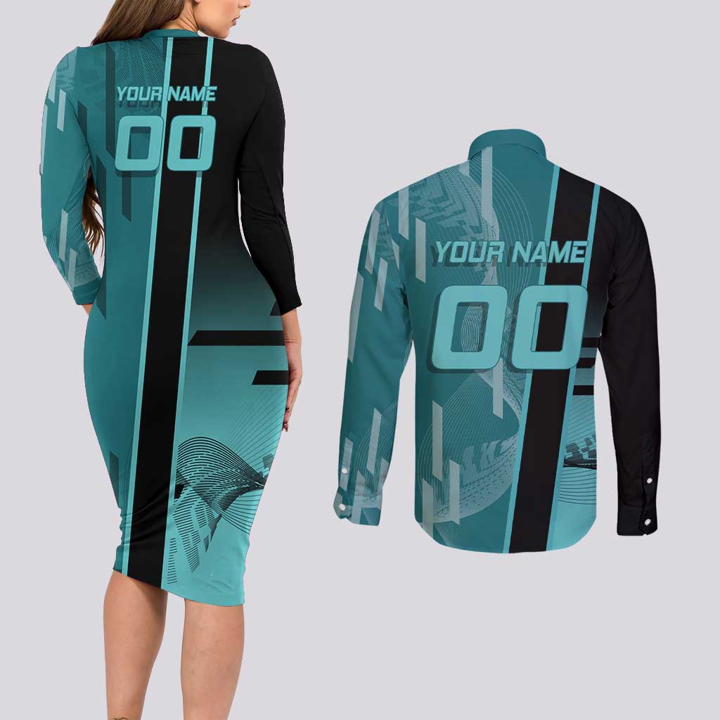 Personalized Tokito Muichiro Demon Slayer Badminton Couples Matching Long Sleeve Bodycon Dress and Long Sleeve Button Shirt with Racket Action Pose and Teal Black Graphic Design - The Mazicc