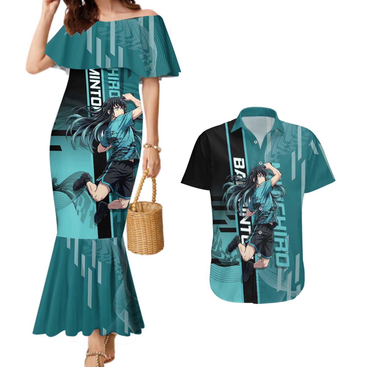Personalized Tokito Muichiro Demon Slayer Badminton Couples Matching Mermaid Dress and Hawaiian Shirt with Racket Action Pose and Teal Black Graphic Design - The Mazicc