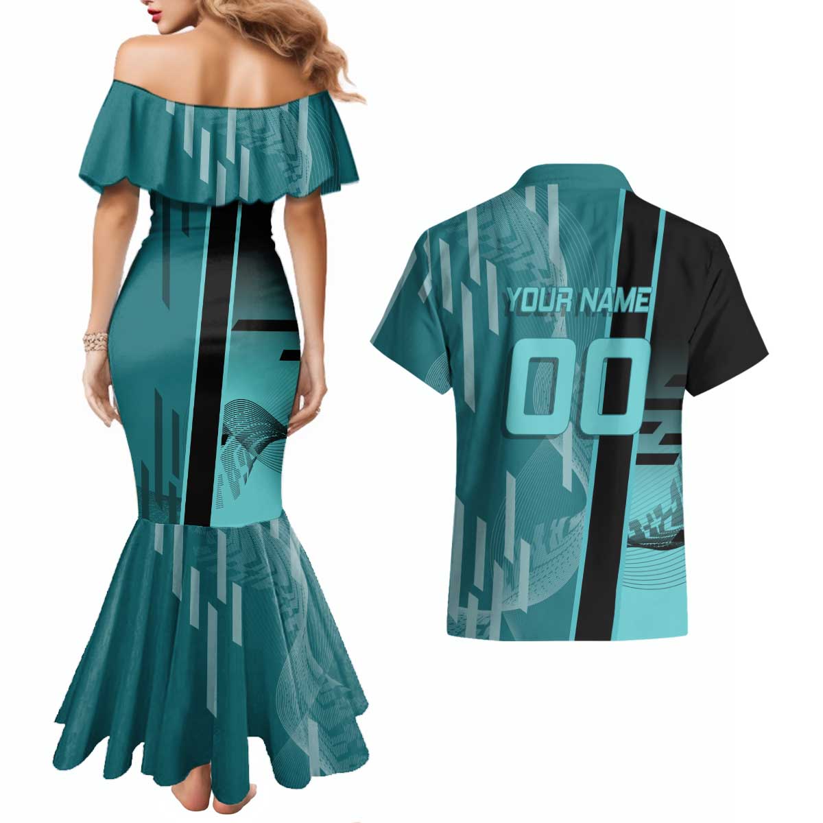 Personalized Tokito Muichiro Demon Slayer Badminton Couples Matching Mermaid Dress and Hawaiian Shirt with Racket Action Pose and Teal Black Graphic Design - The Mazicc